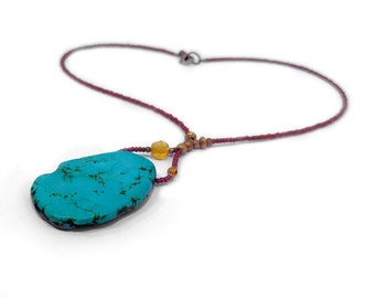 Turquoise Statement Necklace Large Turquoise Pendant Magnesite Focal with Brick Red Glass and Gold-Plated Brass Beads, Handmade