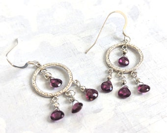 Sterling Silver With Faceted Garnet Teardrops Hanging From a Sterling Silver Circle