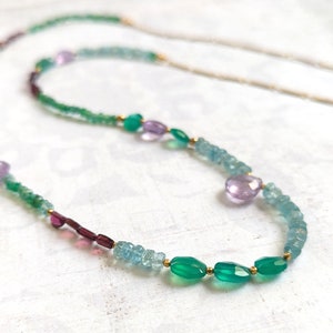 Gemstone Necklace, Amethyst, Apatite, Green Onyx & Garnet Encrusted Gemstone Necklace With Gold-Plated Brass One of a Kind image 1