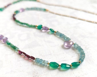 Gemstone Necklace, Amethyst, Apatite, Green Onyx & Garnet Encrusted Gemstone Necklace With Gold-Plated Brass - One of a Kind