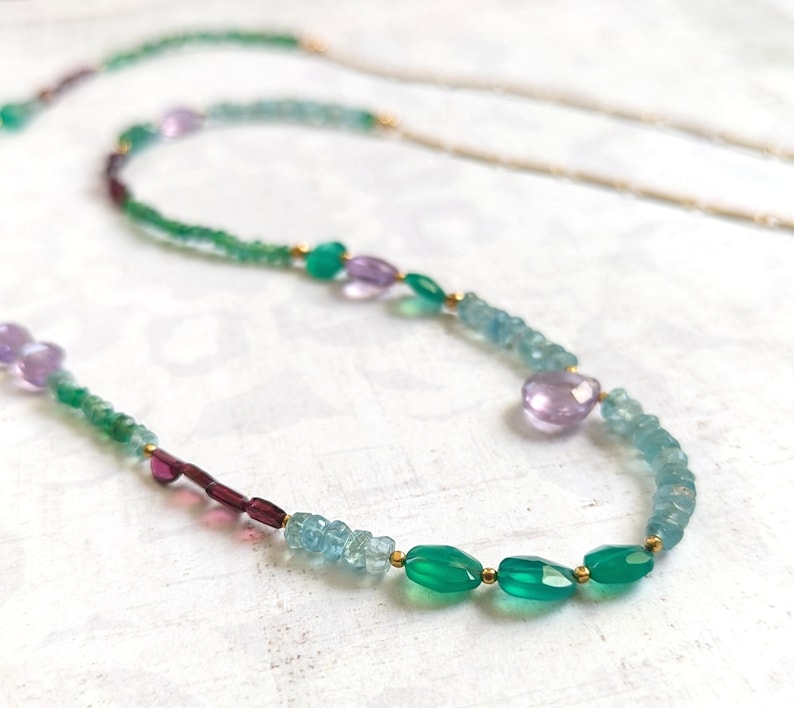 Gemstone Necklace, Amethyst, Apatite, Green Onyx & Garnet Encrusted Gemstone Necklace With Gold-Plated Brass One of a Kind image 1