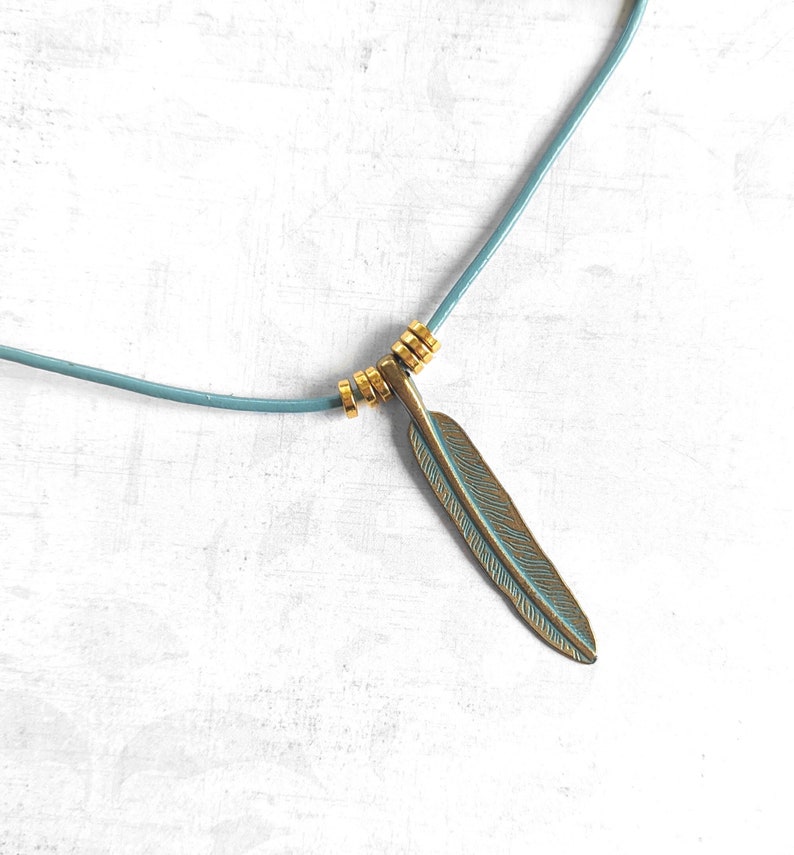 Gold Feather Necklace with Green Patina and Turquoise Leather Cord, Boho Feather Necklace image 1