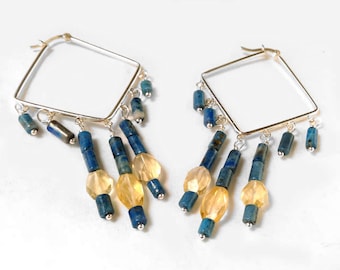 Sterling Silver With Faceted Citrine and Lapis Beads, Square Hoop Earrings