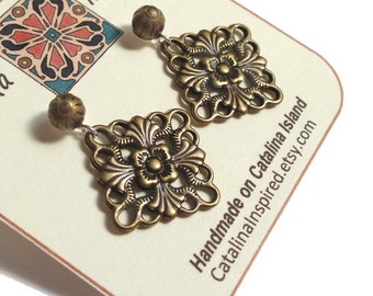 Antique Gold, Brass, Floral, Fleur de Lis Filligree Diamond Shaped Dangle Earrings With Sterling Silver Post Stud Earring