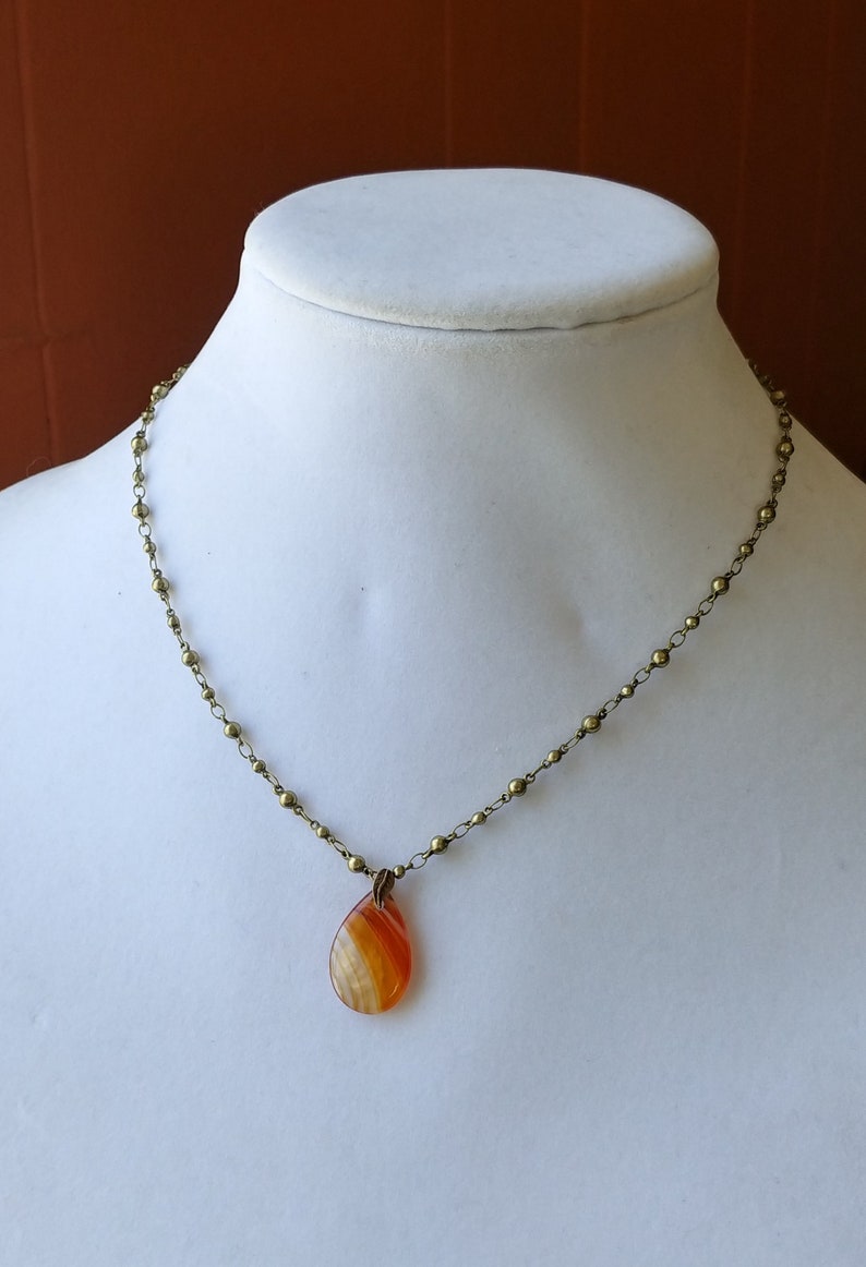 Banded Teardrop Red Agate Gemstone Necklace on Antiqued Gold-Plated Brass Ball Link Chain image 3