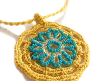 Crochet Necklace Knit Necklace Sun Beaded in Mustard Yellow Gold and Turquoise Teal Glass Beads, One of a Kind, Handmade