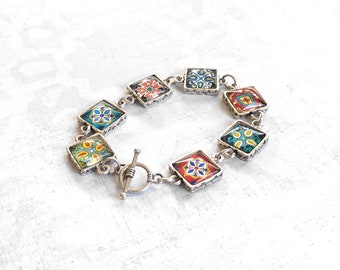 Catalina Island Tile Charm Bracelet on a Toggle Clasp, Bracelet in Antique Silver-Plated Brass, Spanish, Mexican, Catalina Talavera Tile