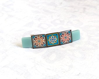 Catalina Pottery Tile Hair Barrette, Hairpin in Orange and Blue, Mexican Tile, Talavera Tile