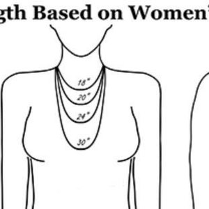 May include: A diagram showing different necklace lengths on three figures of varying body sizes. The lengths are labeled in inches: 16", 18", 20", 22", 24", 26", 28", 30".