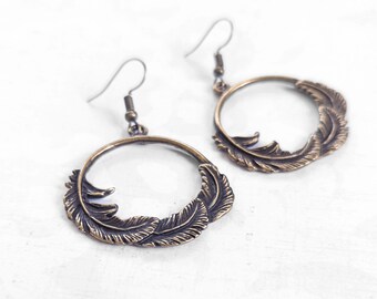 Brass Bohemian Feather Circle Earrings Antiqued Gold Plated Brass Chandelier Earrings, Brass, Bronze Antique Brass Earrings