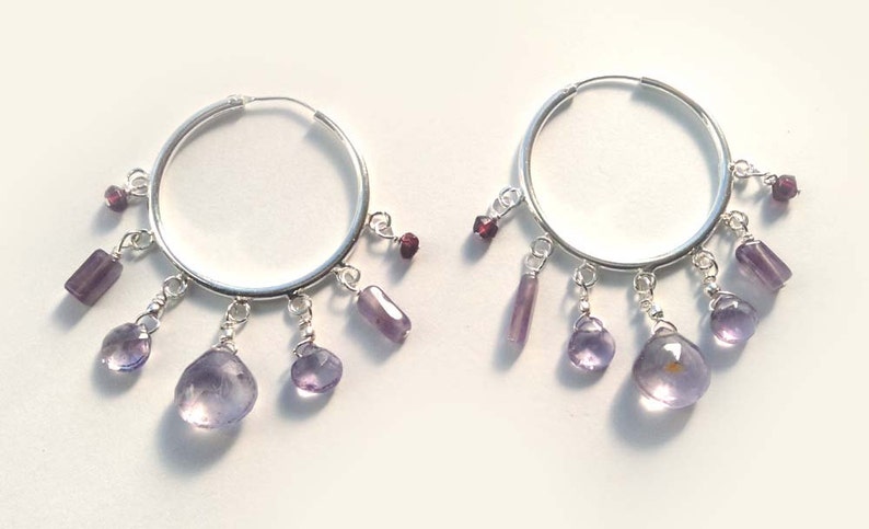 Sterling Silver With Faceted Amethyst Briolettes and Faceted Garnets, Hoop Earrings image 2