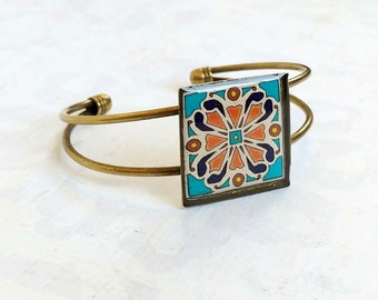 Turquoise and Pink Catalina Tile on Antique Gold Plated Brass Cuff Bracelet Mexican Tile, Spanish Tile Bracelet Talavera Catalina Pottery