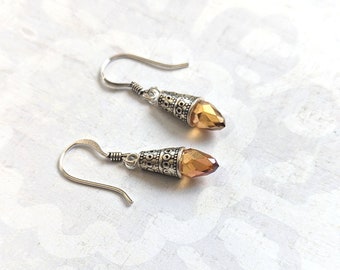 Delicate Simple Gold Iridescent Faceted Translucent Glass Crystal Teardrop on Antique Silver Dangle Earrings