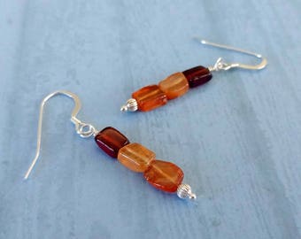 Brown Hessonite Gemstones Earrings With Sterling Silver Accents, Brown, Tan, Orange Gemstones