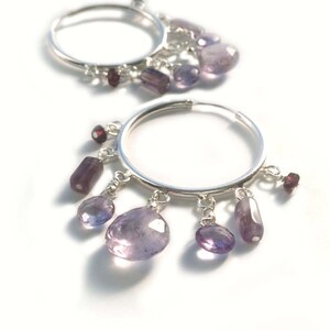 Sterling Silver With Faceted Amethyst Briolettes and Faceted Garnets, Hoop Earrings image 1