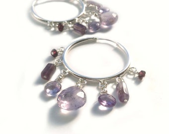 Sterling Silver With Faceted Amethyst Briolettes and Faceted Garnets, Hoop Earrings
