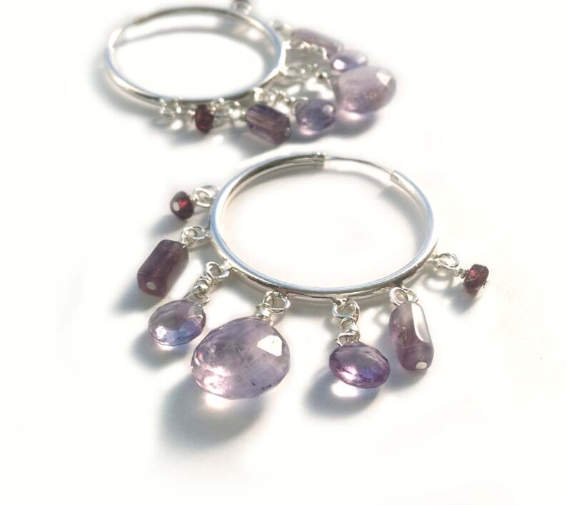 Sterling Silver With Faceted Amethyst Briolettes and Faceted Garnets, Hoop Earrings image 1