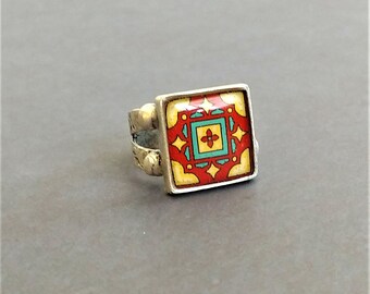 Catalina Tile Adjustable Ring on  Silver Plated Brass,  Catalina Pottery Red & Yellow, Mexican Tile, Spanish Tile Ring