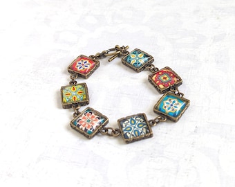 Catalina Island Tile Charm Bracelet on a Toggle Clasp, Bracelet in Antique Gold-Plated Brass, Spanish, Mexican, Catalina Talavera Tile