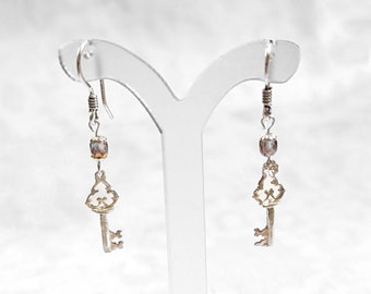 Antique Silver Skeleton Key Dangle Earrings, Silver-Plated Brass