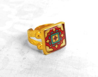 Catalina Tile Adjustable Ring on Gold Plated Brass,  Catalina Pottery Red, Yellow & Teal, Mexican Tile, Talavera Tile, Catalina Pottery
