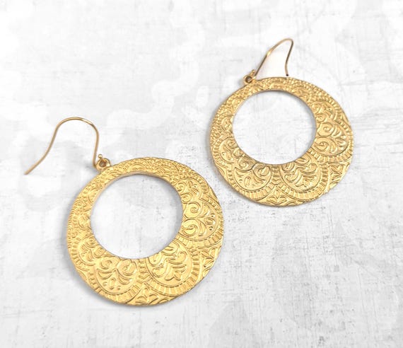 Satin Gold Embossed Circle Hoop Dangle Earrings, Middle Eastern, Indian Style, Gypsy Jewelry, Moroccan Earrings, Matte Gold Ethnic Jewelry