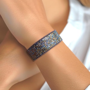 Pulseira de miçangas, cobre, bronze metálico delicado, tons de terra marrom, cores naturais, larga, pulseira de miçangas de tear