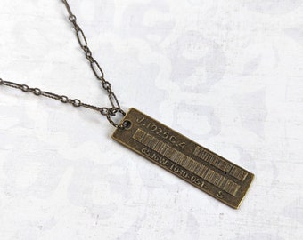 Bar Code Antiqued Gold Plated Bronze Necklace, Long Bronze Pendant with Bar Code in Relief.