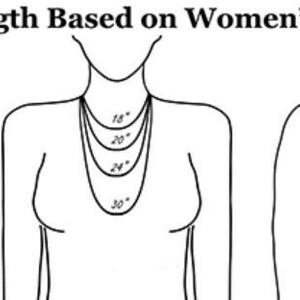 May include: A diagram showing different necklace lengths on three figures of varying body sizes. The lengths are labeled in inches: 16", 18", 20", 22", 24", 26", 28", 30".