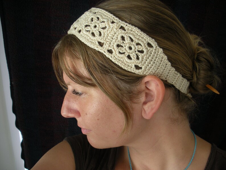 Crochet Headband, Knit Boho Hairband Black 100 percent Cotton image 4