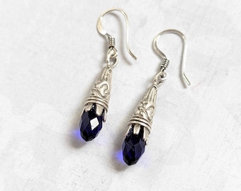 Orecchini Pendenti Cobalto Blu Royal Con Cristallo - Placcato Argento, Fatti A Mano