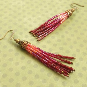 Fushia Dark Pink Purple Beaded Tassel Earrings With Antiqued Gold Plated Brass, Bronze Accents image 1