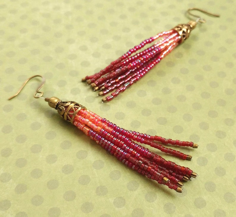 Fushia Dark Pink Purple Beaded Tassel Earrings With Antiqued Gold Plated Brass, Bronze Accents image 1