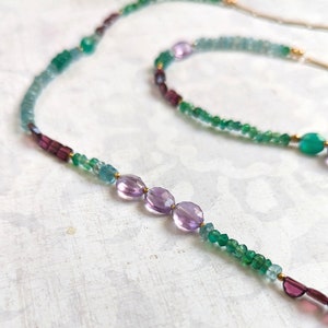 Gemstone Necklace, Amethyst, Apatite, Green Onyx & Garnet Encrusted Gemstone Necklace With Gold-Plated Brass One of a Kind image 3