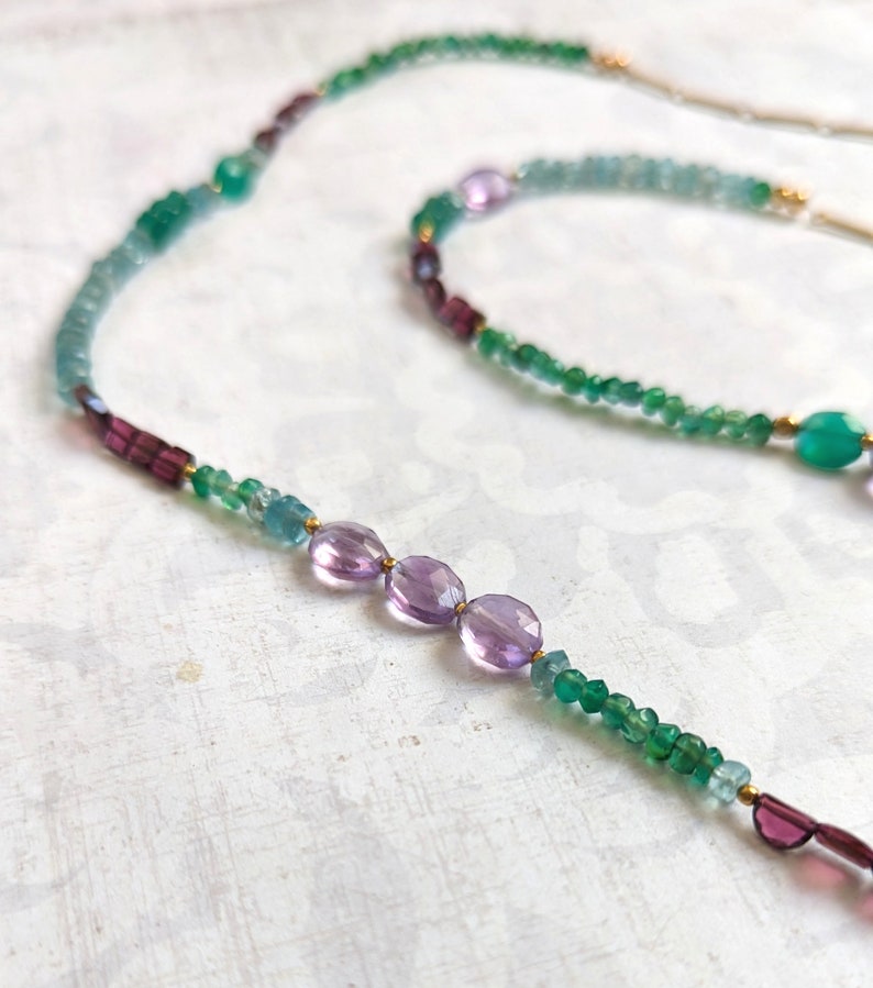 Gemstone Necklace, Amethyst, Apatite, Green Onyx & Garnet Encrusted Gemstone Necklace With Gold-Plated Brass One of a Kind image 3