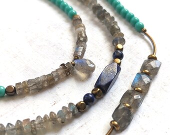 Faceted Labradorite and Lapis Lazuli Gemstones on a 3 Strand Necklace with Turquoise Glass Beads and Antique Gold Plated Brass Accents