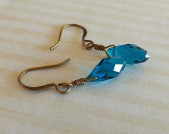 Teal Blue Faceted Glass Teardrop Beads, Wire Wrapped Brass Bronze Antique Gold Dangle Earrings