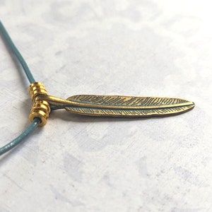 Gold Feather Necklace with Green Patina and Turquoise Leather Cord, Boho Feather Necklace image 3