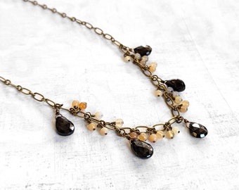 Faceted Tear Drops of Black Stone & Quartz Gemstones on Antiqued Gold Plated Brass Chain