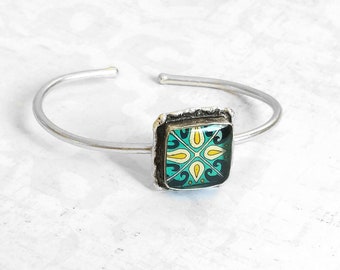 Catalina Tile on Silver Cuff Bracelet, Silver Plated Brass Adjustable Blue & Yellow Mexican Tile, Spanish Tile Bracelet Talavera Tile