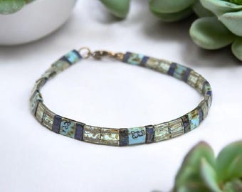 Miyuki Tila Bracelet, Dark Blue Turquoise Glass Bead, Gold Clasp