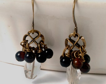 Black Stone Earrings Antiqued Brass Earrings With Faceted Citrine Gems and Round Black Agate Gems