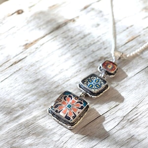 Satin Silver Catalina Tile Necklace, Mexican Talavera Pottery Pendant