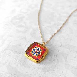 Spanish, Mexican, Catalina Tile, Red, Turquoise & Yellow on Satin Gold Pendant Catalina Pottery Design 3