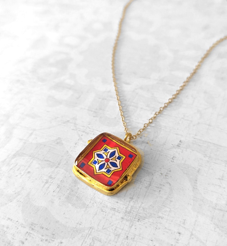 Spanish, Mexican, Catalina Tile, Red, Turquoise & Yellow on Satin Gold Pendant Catalina Pottery Design 3