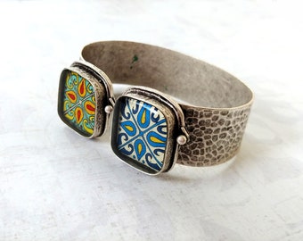 Catalina Tiles on Silver Cuff Bracelet, Silver Plated Brass Adjustable 2 Tile Teal, Blue, Red, Turquoise Mexican Tile, Spanish Tile Bracelet