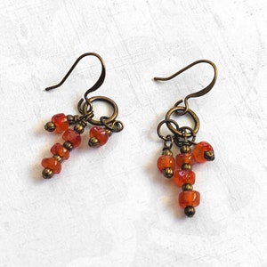 May include: A pair of dangle earrings with a cluster of orange carnelian beads hanging from a bronze wire loop. The earrings are made with a simple bronze hook.