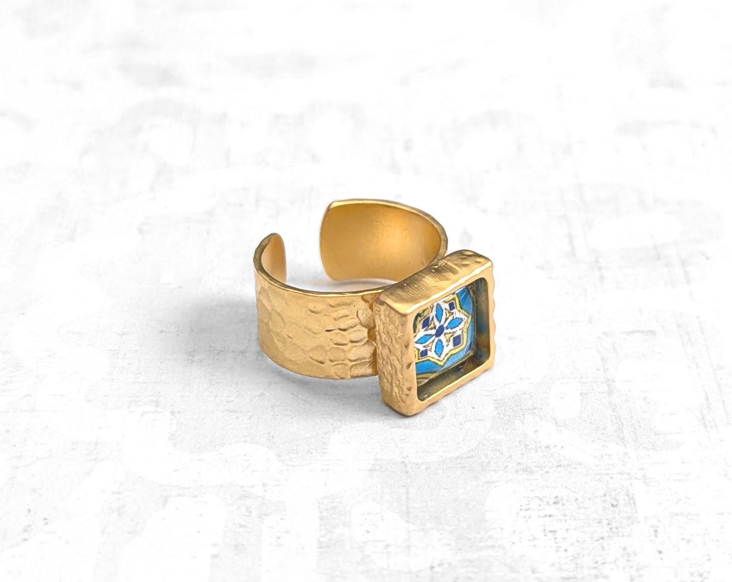 Catalina Tile Adjustable Ring on Matte Gold Plated Brass,  Catalina Pottery Turquoise, Blue & Yellow, Mexican, Spanish Ring Talavera Tile
