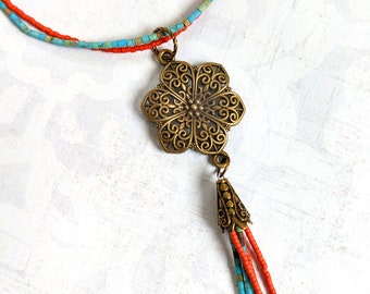 Antiqued Beaded Gold-Plated Brass, Filigree Flower with Afghan Beads in Turquoise and Orange, Statement Necklace