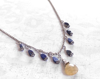 Faceted Citrine Tear Drop and Tiny Lapis Lazuli Tear Drops on Antiqued Silver Plated Brass Chain